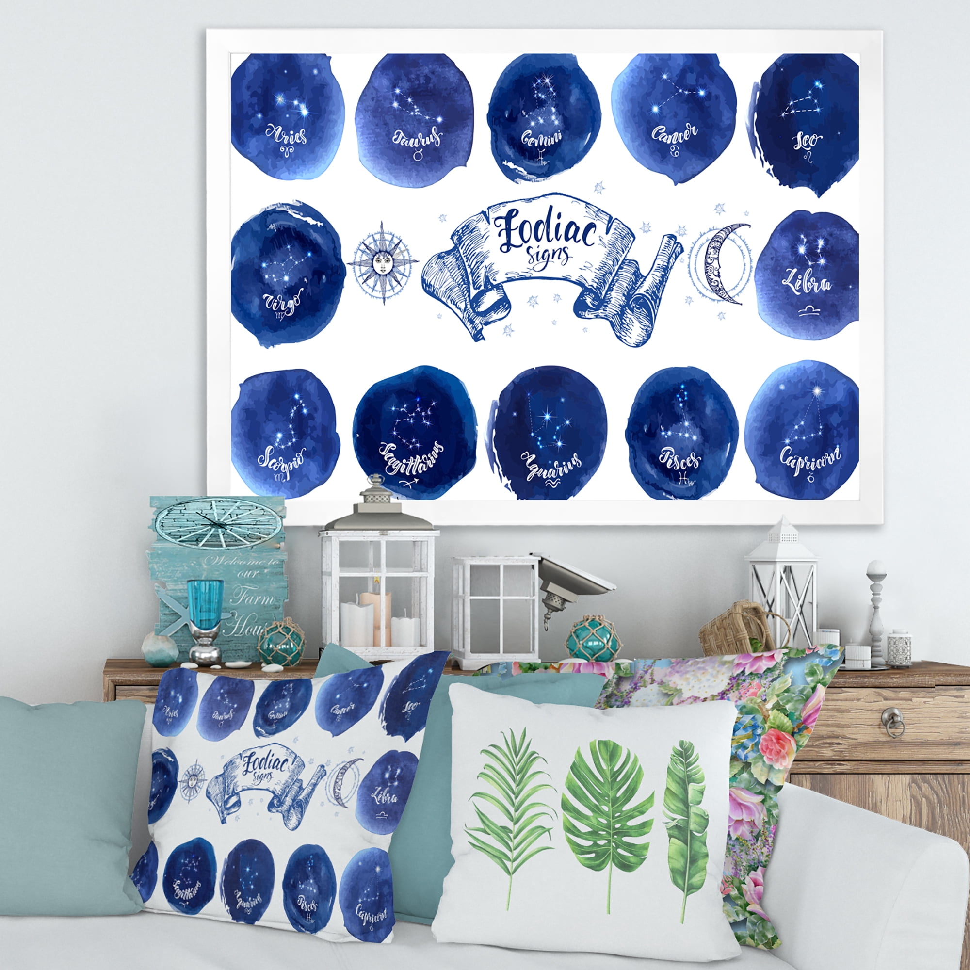 Designart 'Collection of Astrology Signs On Blue Circles' Modern Framed Art Print