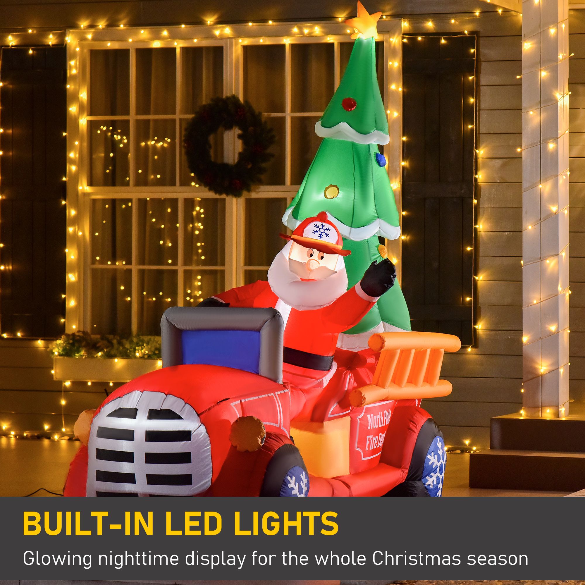 Christmas Inflatable Santa Claus Driving a Fire Truck with Tree, 7.5 ft Outdoor Blow-Up Yard Decoration with LED Lights