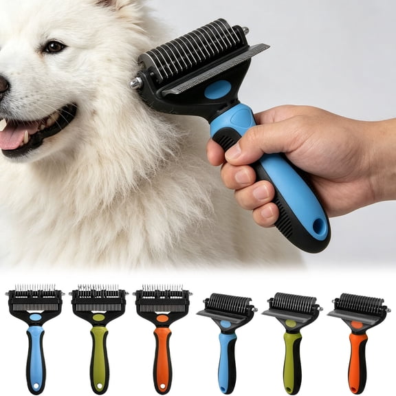 FEOLGEHLY Pet Comb for Dogs and Cats, Double Sided Knot Opener and Deshedding Tool with Stainless Steel Rounded Teeth for Long Hair, Gentle Hair Removal Pet Comb for Mats and Tangles (Blue)