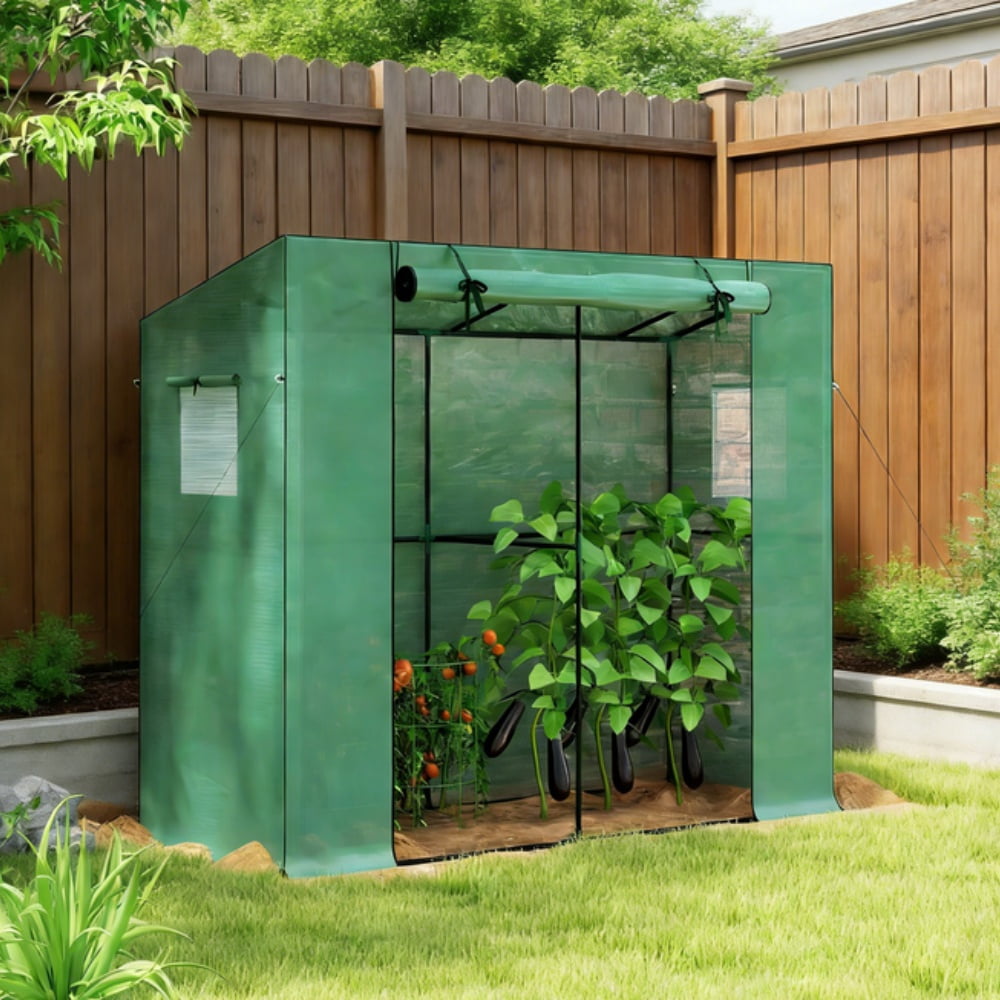 Lean-to-Wall Mini Greenhouse Green UV-Resistant PE Cover, Roll-Up Door & Mesh Windows, Pent Roof Anti-Rain Accumulation, Stable with Guy Ropes & Ground Stakes