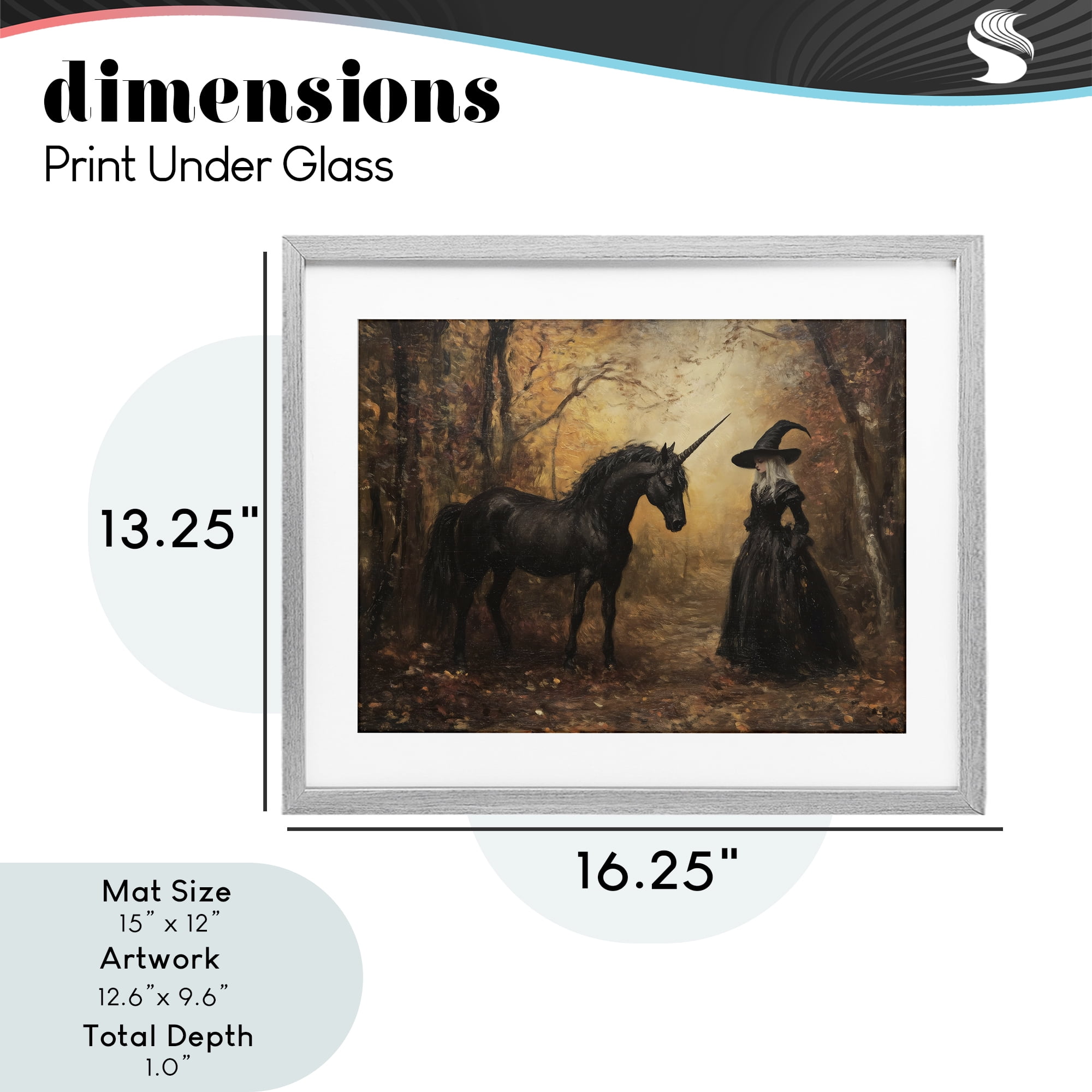 Witch & Black Unicorn Gray Framed Print Under Glass, design by Arlington Prints