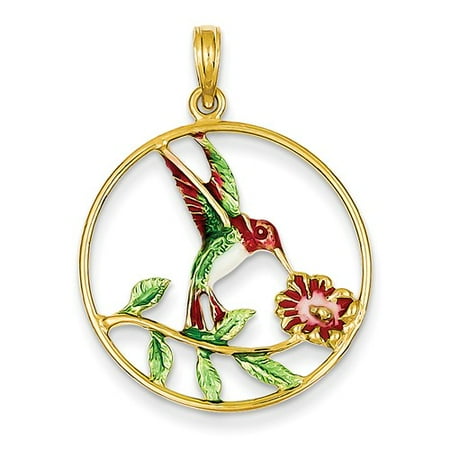 14k Yellow Gold Enameled Hummingbird & Flower Round Frame Pendant