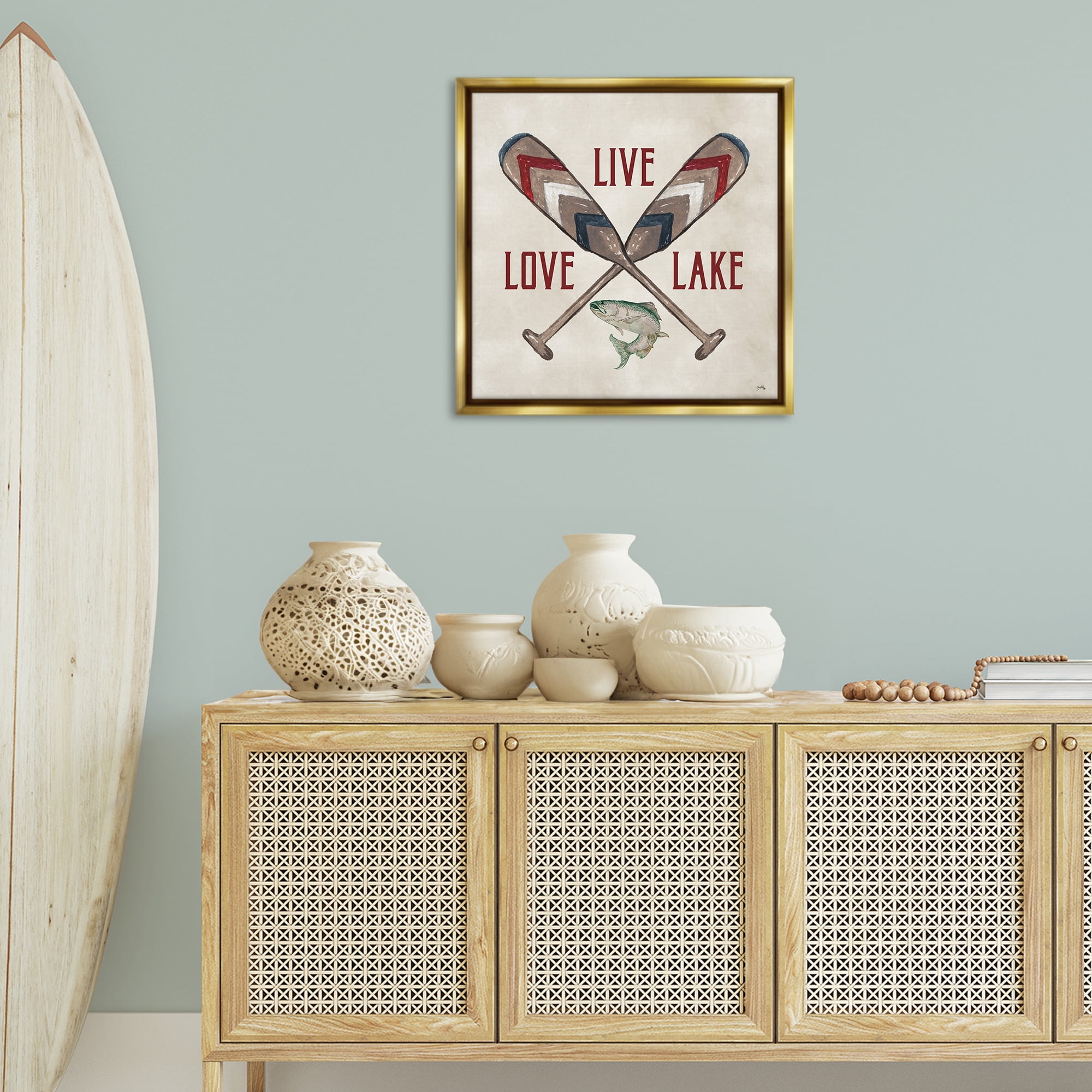 Stupell Industries Live Love Lake Oars Typography Painting Gold Floater Framed Canvas Art Print Wall Art, 25 x 25