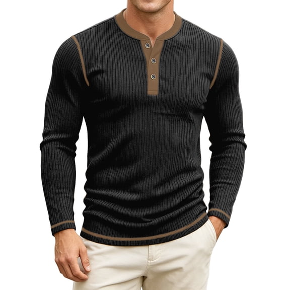 ZHOGXU Contrast Color Long Sleeve O Neck Button Base Layer Men's T Shirts Work Wear