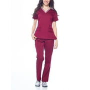 Dagacci Natural Stretch Contrast V-Neck Set (Burgundy,XS)