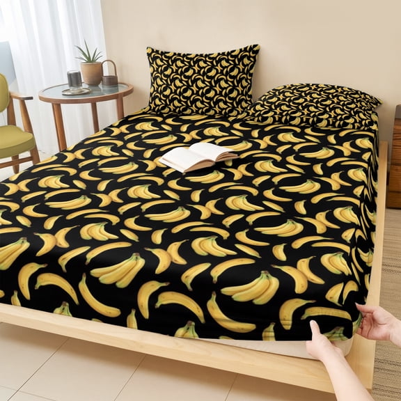 Cal.King Size Fitted Sheet Set - Banana Luxury 3 Piece Bedding Sets 16" Deep Pocket Fitted Sheet with 2 Pillowcases, Funny Yellow Fruits Classic Tropical Brushed Microfiber Hotel Luxury Bed Sheets