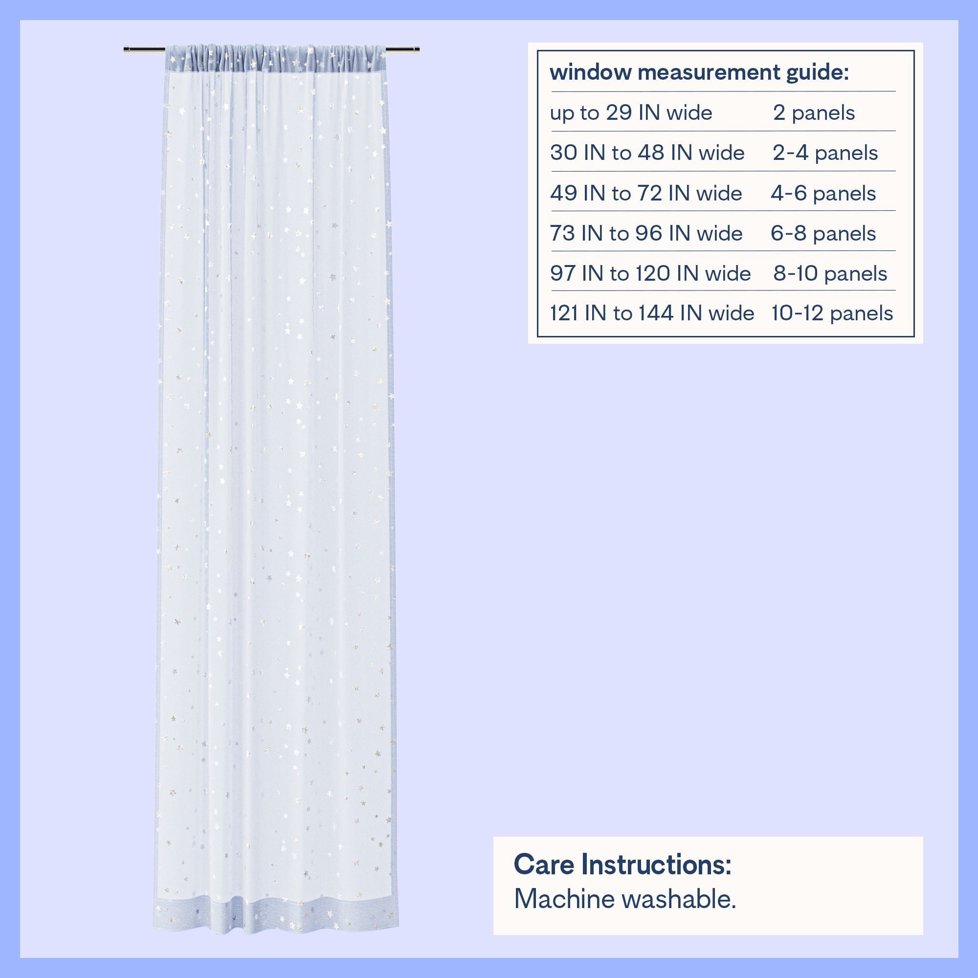 Mainstays Kids Metallic Star Printed Light Filtering Sheer Curtain Panel, Periwinkle, 38 x 95 in