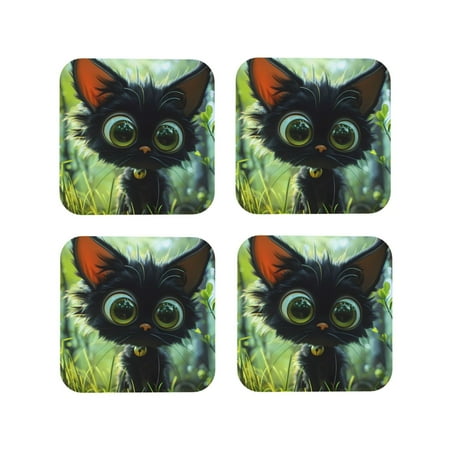 

Tideii Cute Big-Eyed Black Cat for Leather Coasters 4 Pieces Anti-fouling and Anti-scalding Decorative Coasters Suitable for Restaurants Kitchens Coffee Shops-Square