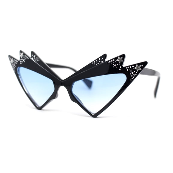 Sparkling Show Girl Silver Foil Bling Glitz Triangle Cat Eye Plastic Sunglasses Black - Blue