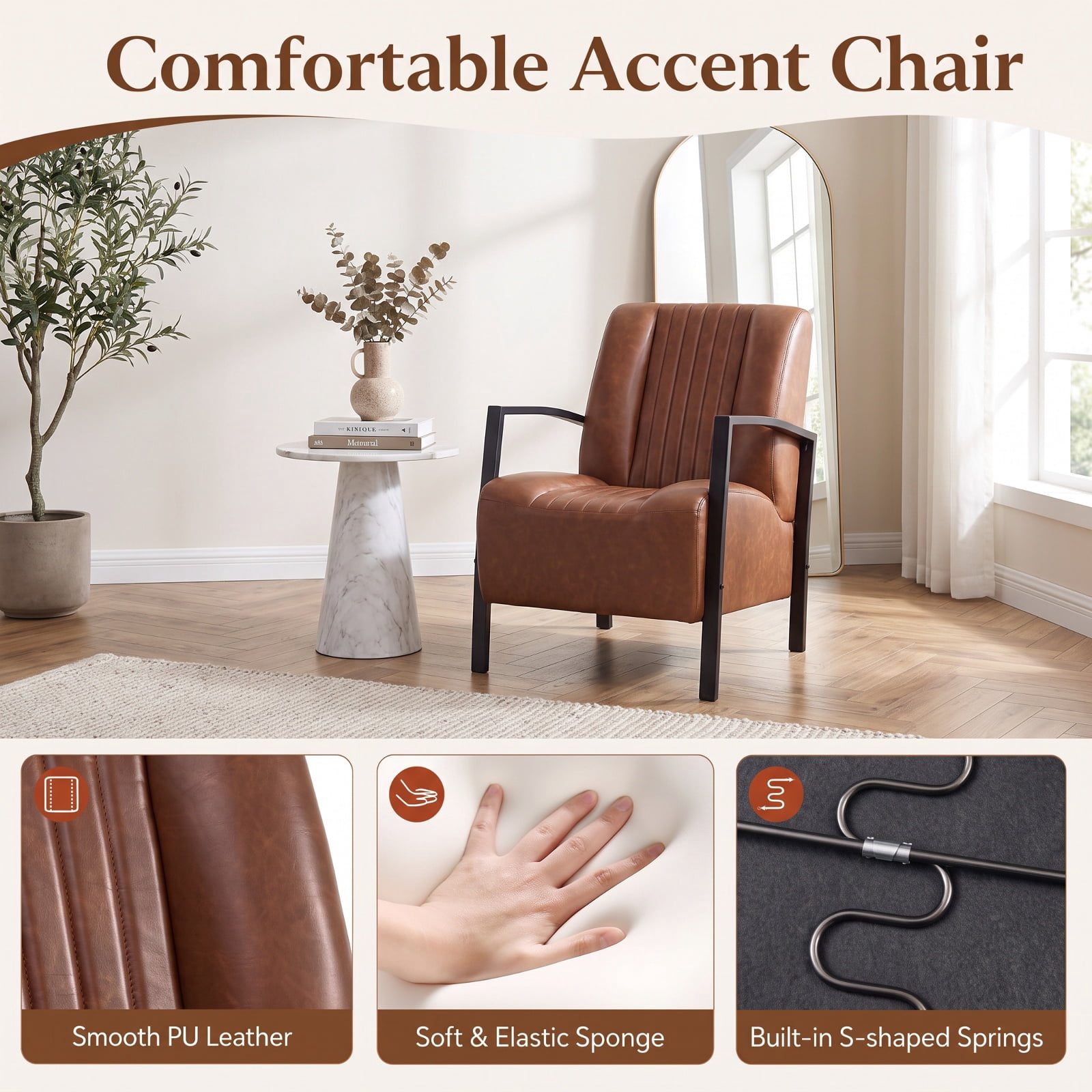 Furnibear PU Leather Upholstered Accent Armchair with Padded Seat and Back Ergonomic Lounge Reading Chair for Living Room Bedroom Office, Brown