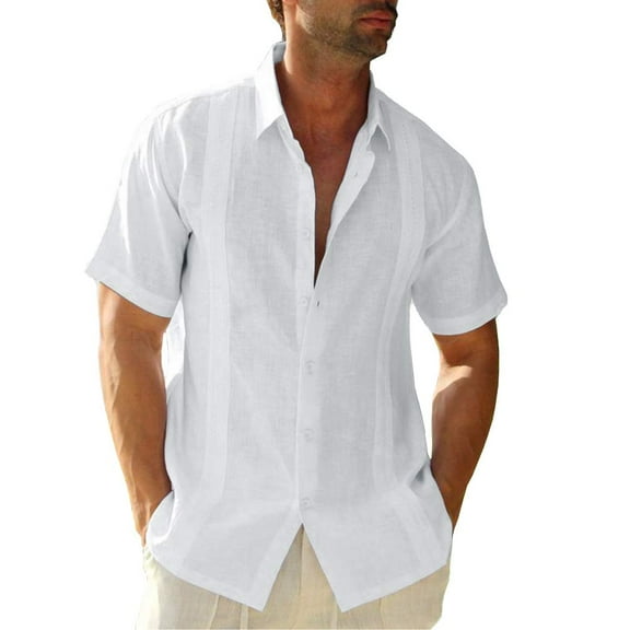 Sherrylily Men Short Sleeve Cuban Camp Guayabera Shirt Linen Cotton Button Down Shirts M-3XL
