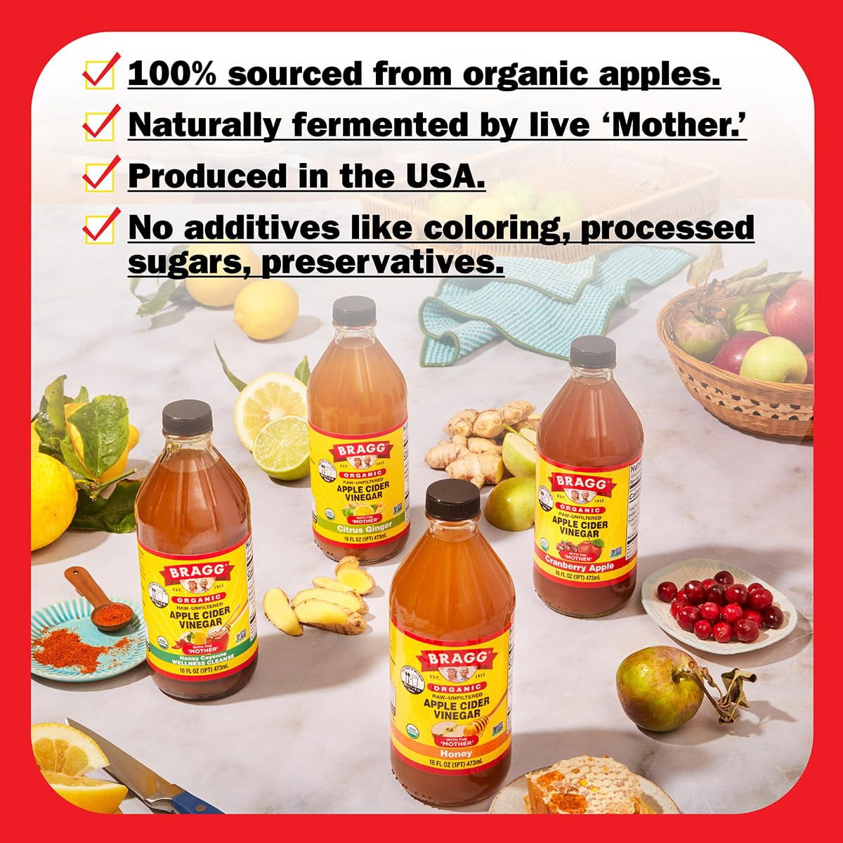 (3 pack) Bragg Organic Apple Cider Vinegar Honey with The Mother, Raw and Unfiltered, 16 fl oz