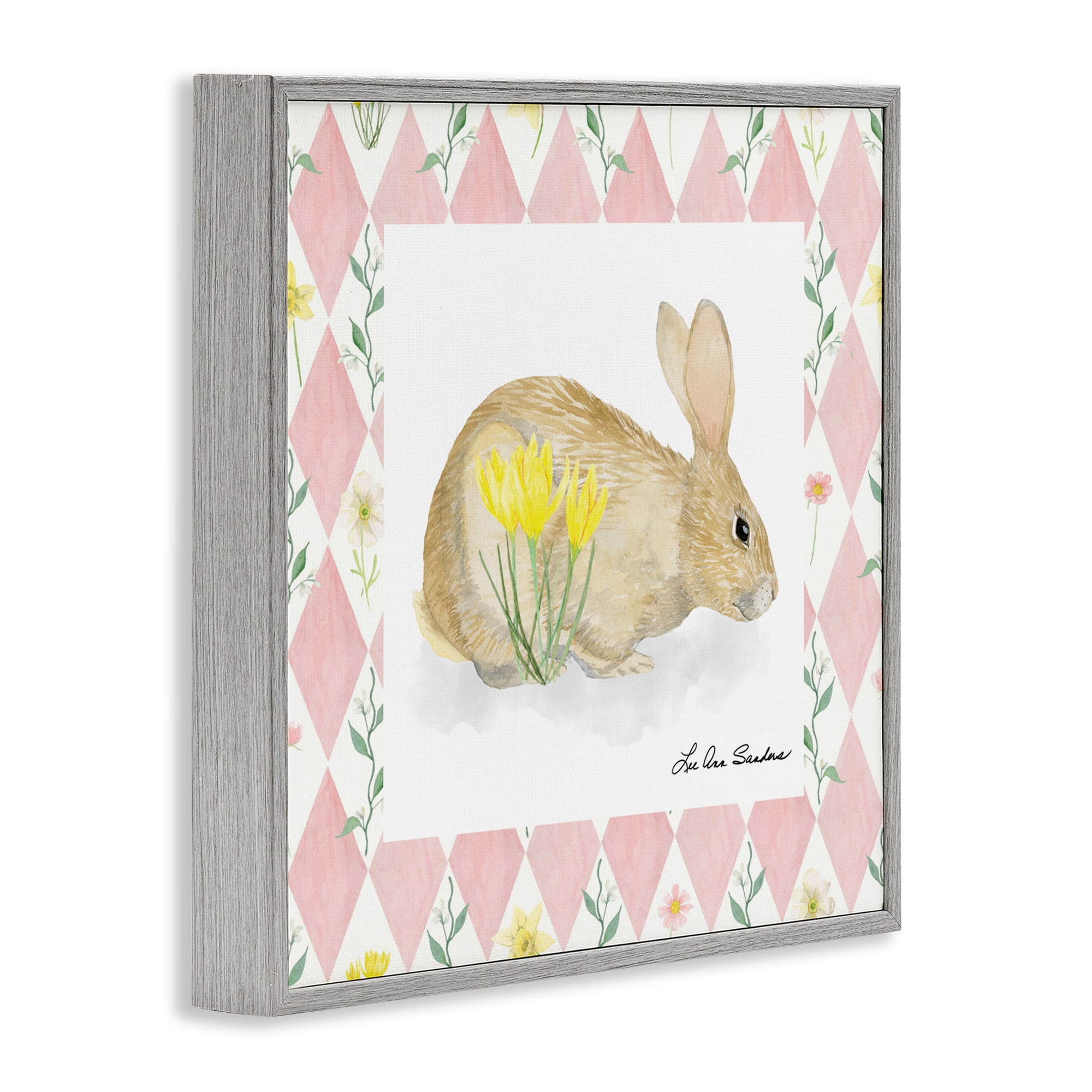 Buttercup Bunny on Pink Argyle Gray Framed Giclee Art, design by Lee Ann Sanders