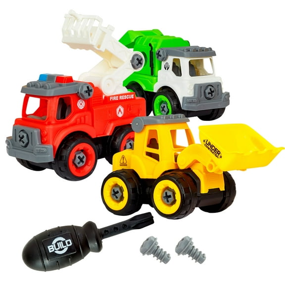Power Gearz Take Apart Toy Truck Set of 3 - Fire, Garbage, and Construction Trucks with Screwdriver