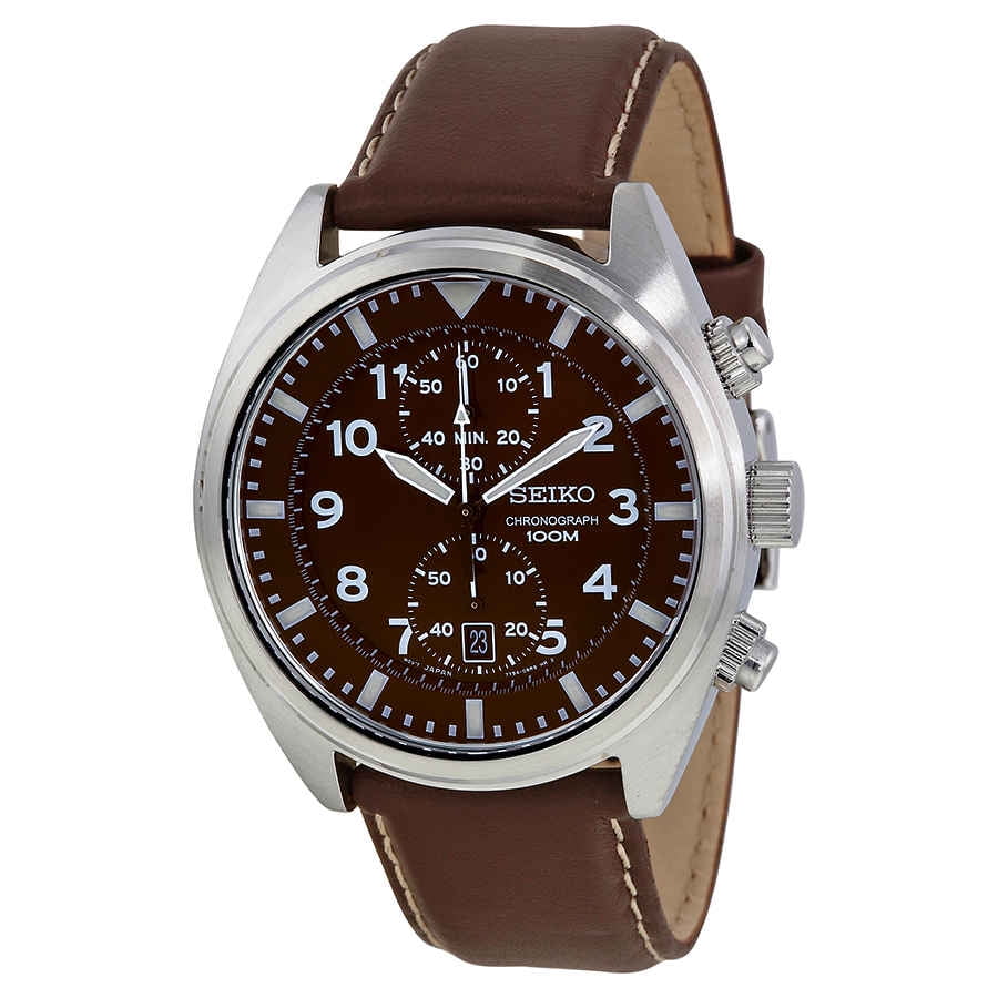 Seiko Men's Chronograph Stainless Watch - Brown Leather Strap - Brown Dial  - SNN241 