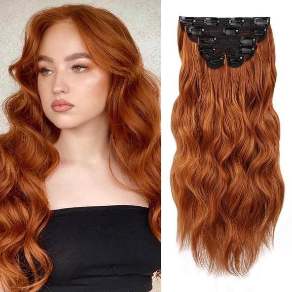 JOFMWIX Clip in Hair Extension 20 Inch Copper Red 6PCS Natural Long Wavy Curly Hairpieces for Women Thick Synthetic Fiber Double Weft Hair Full Head