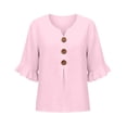 thumbnail image 4 of Oversized Tshirts for Women Casual Cotton Linen Blouse V Neck 3/4 Sleeve Button Decor Loose Fit Pink Summer Tops for Women, 4 of 9