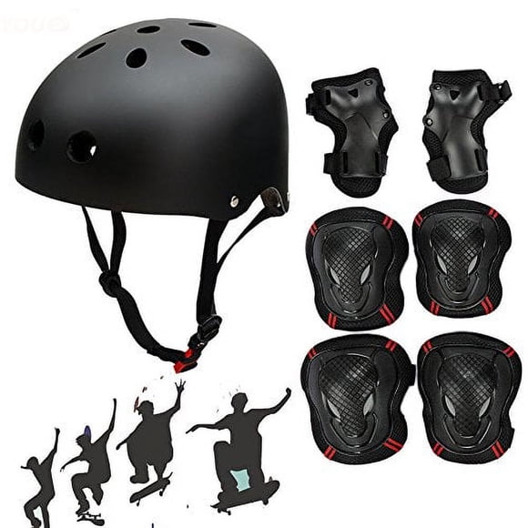 Besmall Casque de Planche à Roulettes Ajustable pour Adulte avec Équipement de Protection, Genouillères, Coudières, Protège-Poignets pour Jeunes Sports de Plein Air, BMX, Planche à Roulettes, Vélo, Patin, Ensemble d'Équipement de Protection pour Enfant Noir m