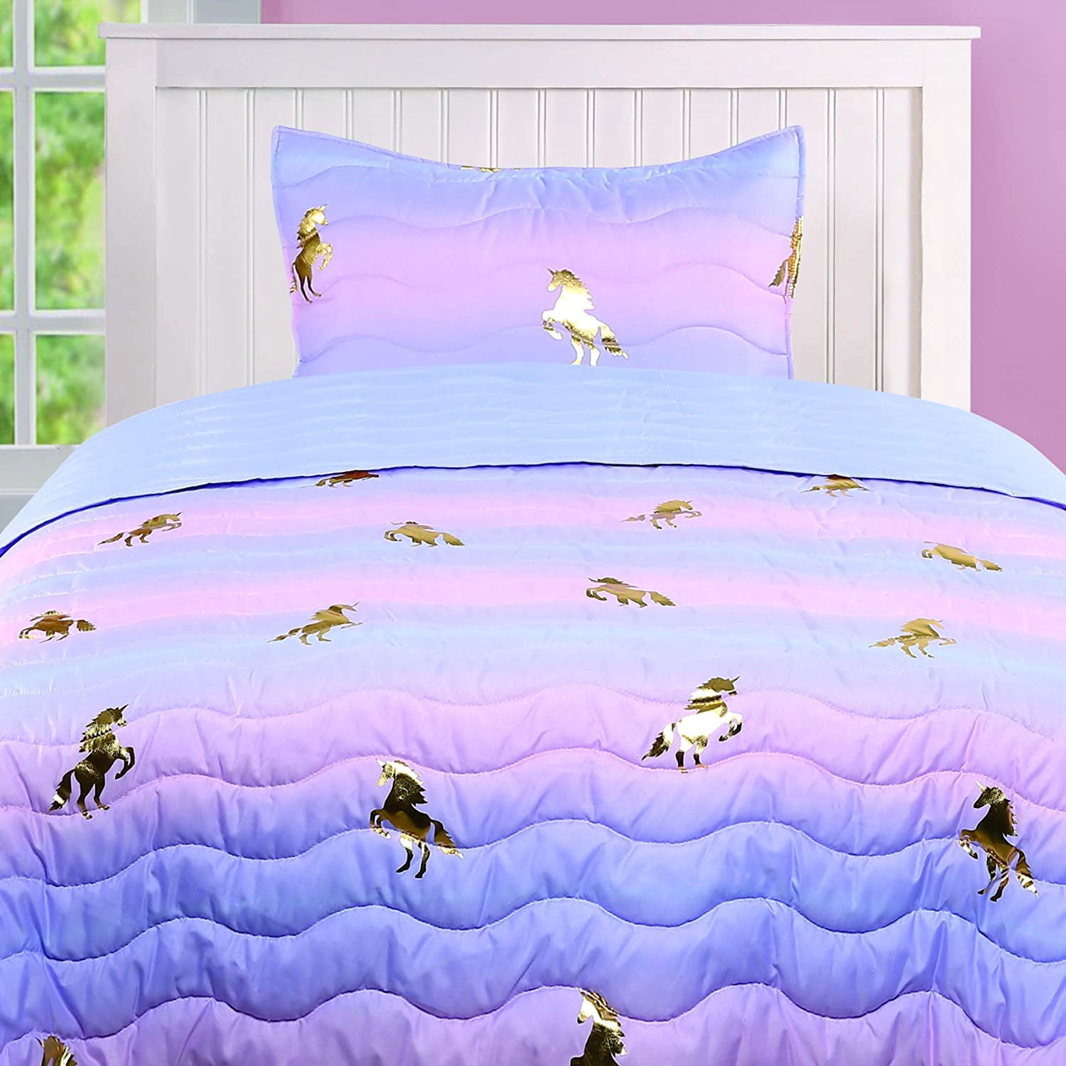 Tadpoles 2-Piece Girls Unicorn Quilt Set | 1 Twin Bed Size Quilt & 1 Standard Sham | Made of 100% Micro-denier Polyester Fiber | Soft, Smooth & Durable | Ideal for Teens | Metallic Gold Unicorns