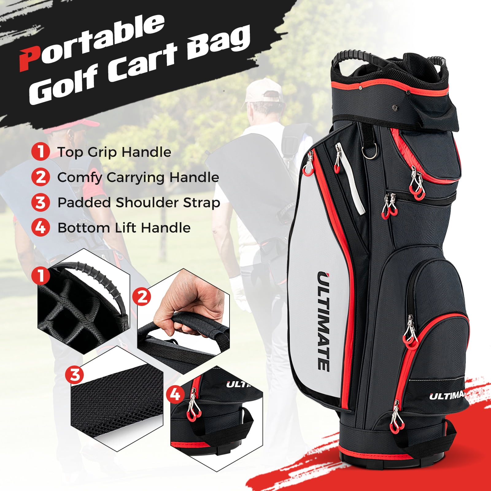 Topbuy Golf Cart Bag Lightweight Portable Golf Club Bag with 14-Way Dividers 8 Zippered Pockets Including Cooler Bag Rain Hood and Shoulder Strap for Men Women Black