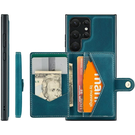 Compatible with Samsung Galaxy S23 Ultra Wallet Case Leather Magnetic Detachable Shockproof Kickstand Case-Blue