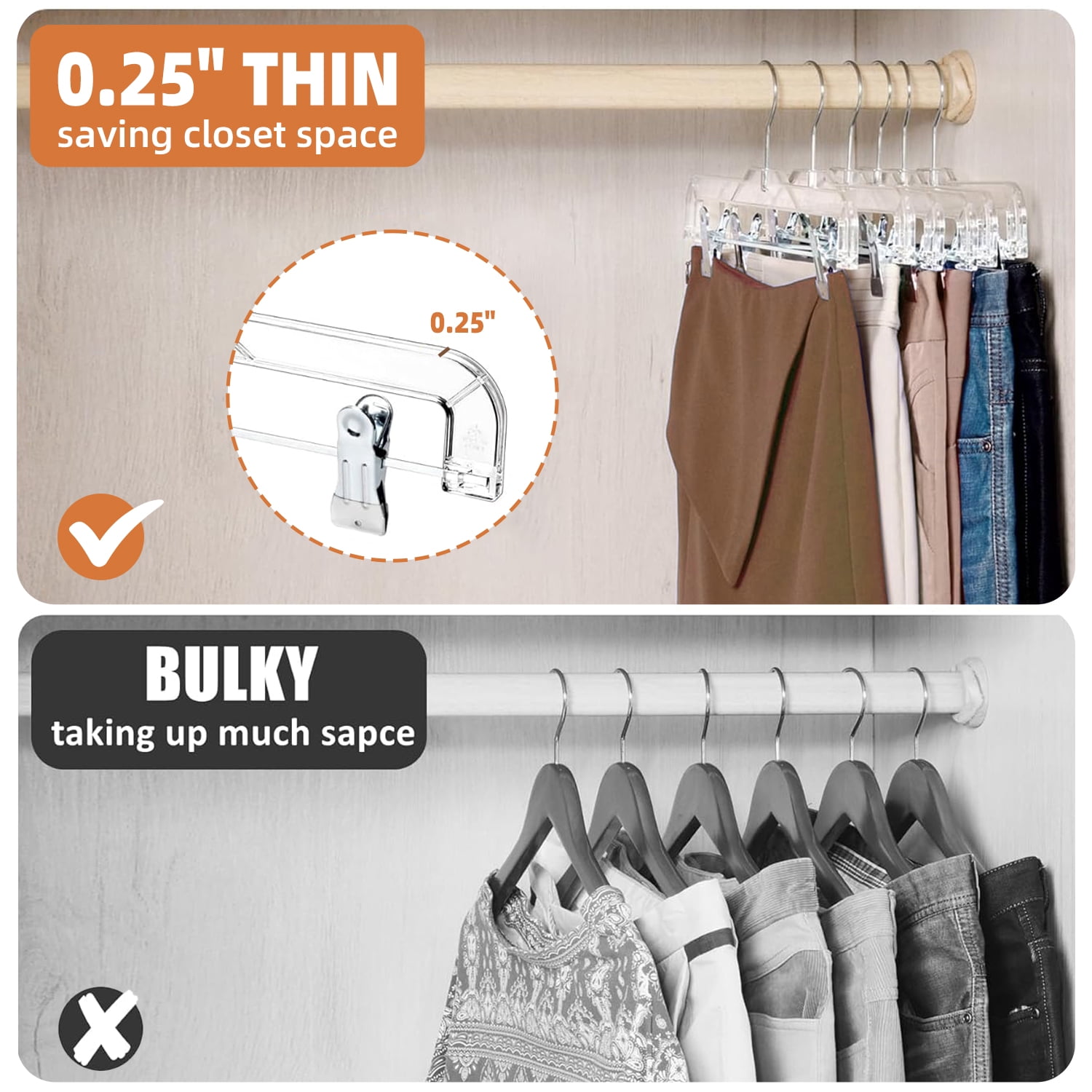 BagDream Clear Plastic Skirt Hangers with Clips, Pants Hangers 360-Rotating Swivel Hook, Clip Hangers for Pants, Trousers, Skirts, 15 Pack, 14 Inch