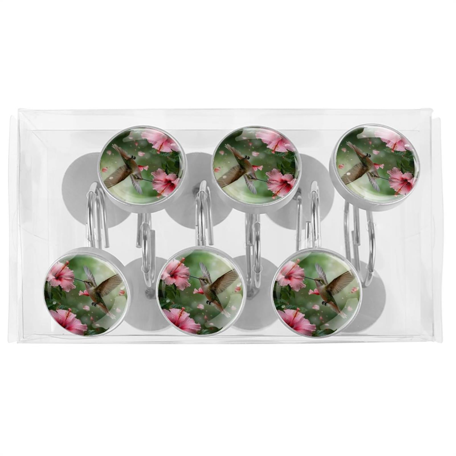 Imobaby 12 Pcs Metal Shower Curtain Hooks Rust Proof for Shower Curtain Liner - Pink Lily Hummingbird