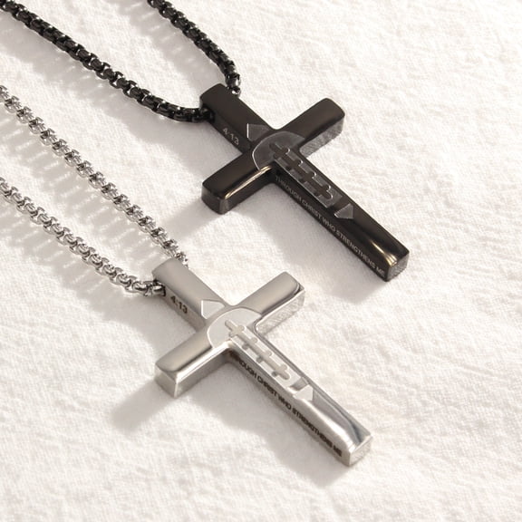 2 Pcs Silver and Black Football Cross Necklaces for Men, 22" 2" Stainless Steel Bible Verse Cross Pendant Chain, Religious Christian Jewelry Gifts