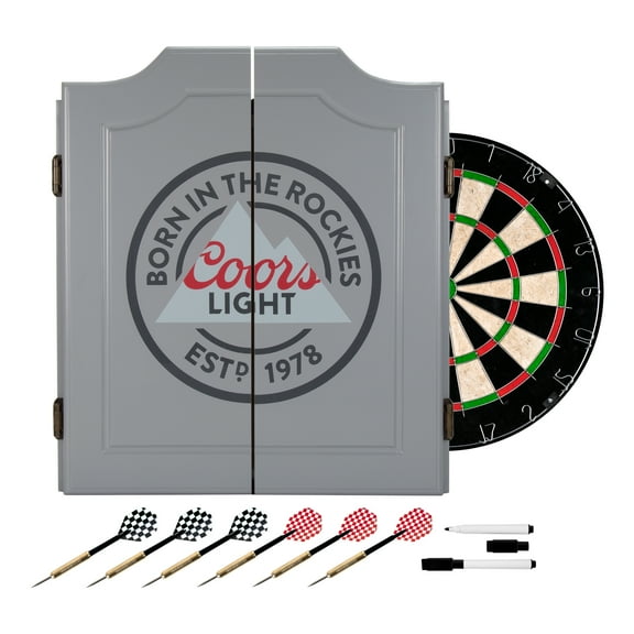 Coors Light Logo Dart Board Cabinet Set with 6 Steel Tip Darts