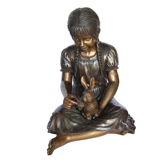 Nifao Sandra Sitting With Her Rabbit Bronze Statue – Home Decor Sculpture, 25"L x 18"W x 25"H