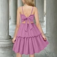 thumbnail image 3 of Girls Bowknot Tie Back Dress Spaghetti Strap Ruffle Hem Casual Summer Beach Sundress Backless A-Line Swing Midi Dresses, 3 of 5