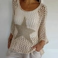 thumbnail image 3 of Xioeram Women Crochet Tops O-neck 3/4 Sleeves Hollow Out Fishnet Knit Blouse Star Pattern Mesh Swimsuit Cover-Up, 3 of 7