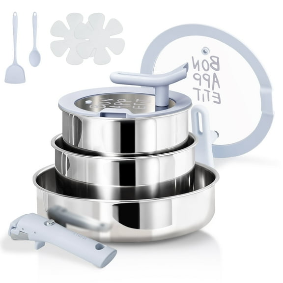 Carote 10-Piece Tri-Ply Stainless Steel Cookware Set with Detachable Handle, Induction Compatible