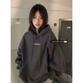 thumbnail image 2 of Sudadera con capucha de lana gruesa para mujer, Jersey holgado de manga larga con estampado de letras coreanas, color gris oscuro, moda de otoño, 2 of 4