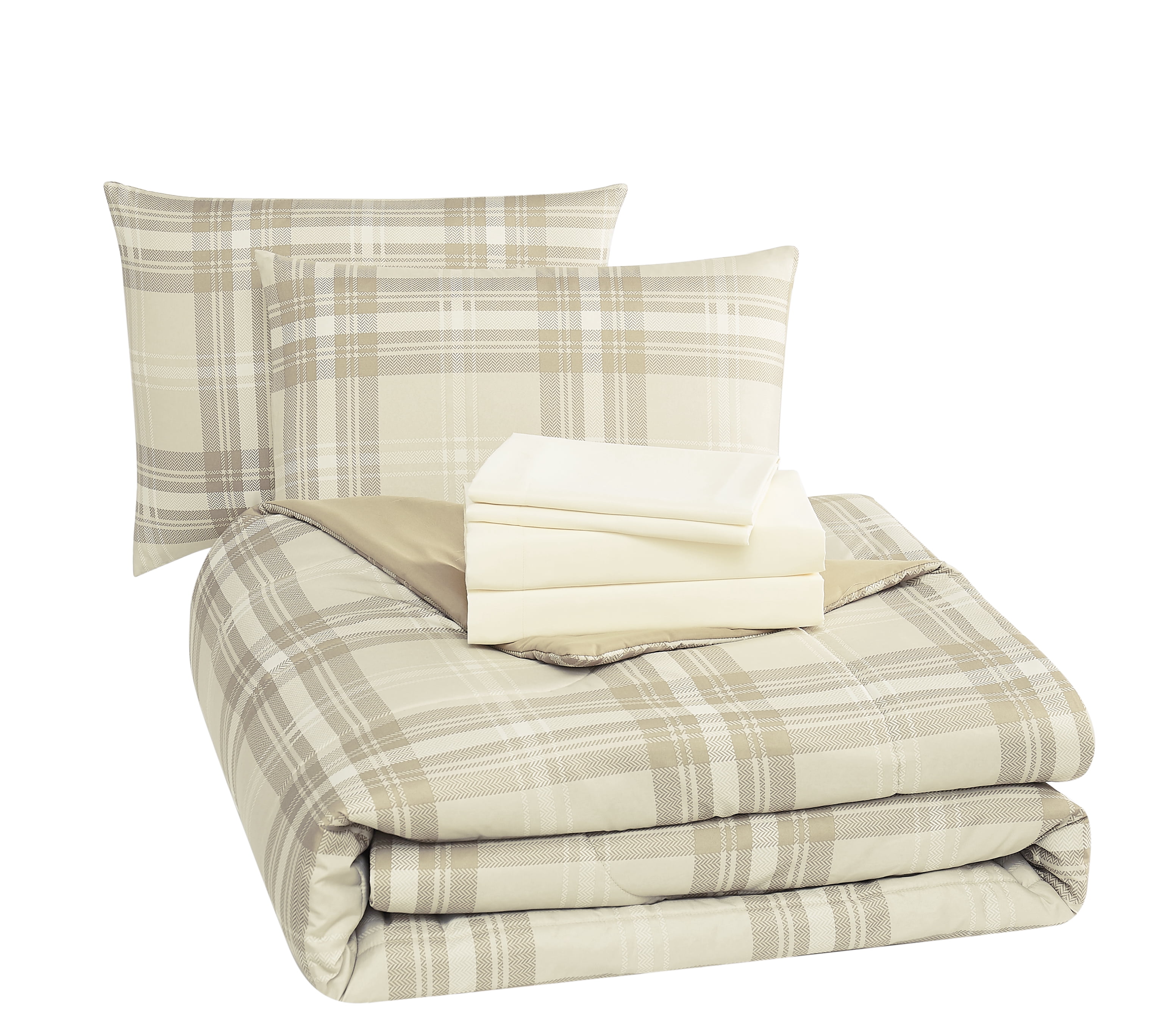 Mainstays 7 Piece Reversible Bed in a Bag Comforter Set with Sheets, Beige Plaid, King
