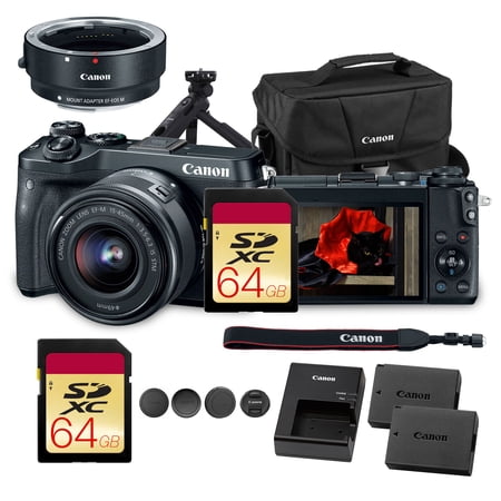 Canon EOS M6 Mirrorless Digital Camera with 15-45mm Lens | 24.2MP APS-C Sensor Dual Pixel AF & Full HD Video | Travel & Vlogging Camera (1724C011) + Canon EF-M Lens Adapter + HG-100TBR Grip + More
