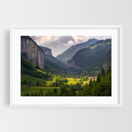 Lauterbrunnen Valley - Staubach Waterfall - Switzerland - Lauterbrunnen Canton of Bern Switzerland Photography White Framed Wall Art Print 12 x 18 inches