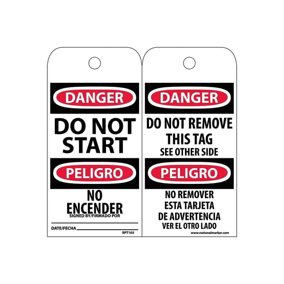 National Marker Accident Prevention Tags; Do Not Start (Bilingual) 6X3 Unrip Vinyl 25/Pk RPT103