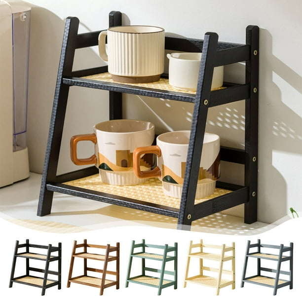 Rack de doble capa para sobremesa - Organizador de madera para oficina, cocina y dormitorio - 27x28,5x18cm en negro, marrón, verde, beige, gris