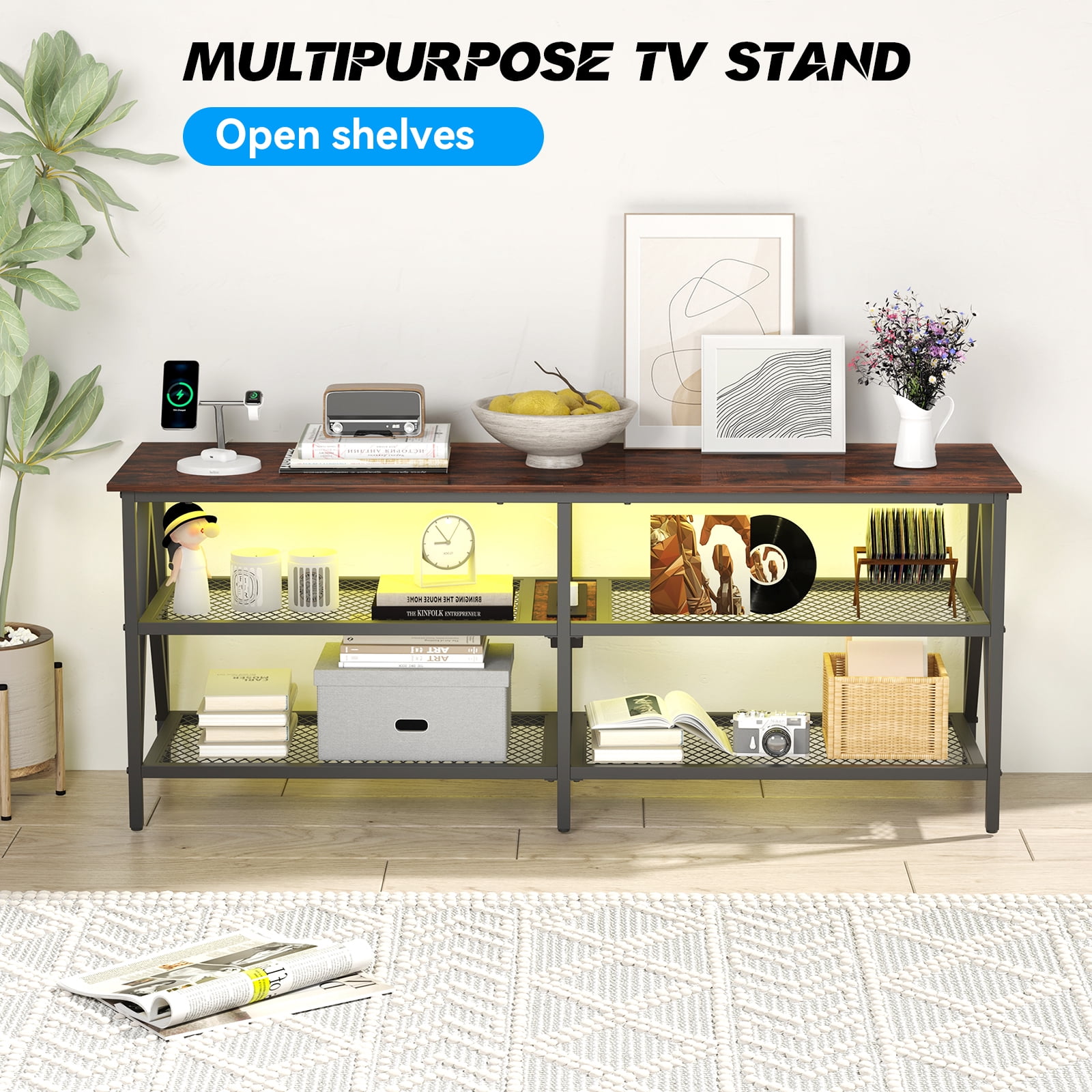 Behost TV Stand for 65 inch TV, TV Cabinet with 20 Colors LED Lights for Living Room, Brown