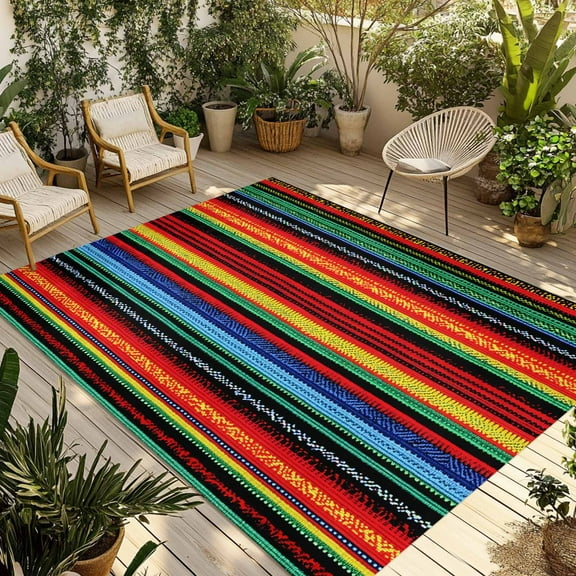 Fsddascl Mexico Striped Outdoor Rug for Patio/Deck/Porch, Non-Slip Large Area Rug 5 x 8 Ft, Red Blue Green Rainbow Colored Stripes Indoor Outdoor Rugs Washable Area Rugs, Camping Rug Carpet