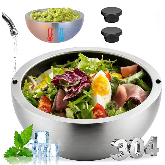304 Stainless Steel Insulated Salad & Dipping Bowl, Dip Chiller Bowl with 2 Water Injection Holes, Double Insulated Party Ice Serving Bowl for Condiments, Sauces, Food & Salad