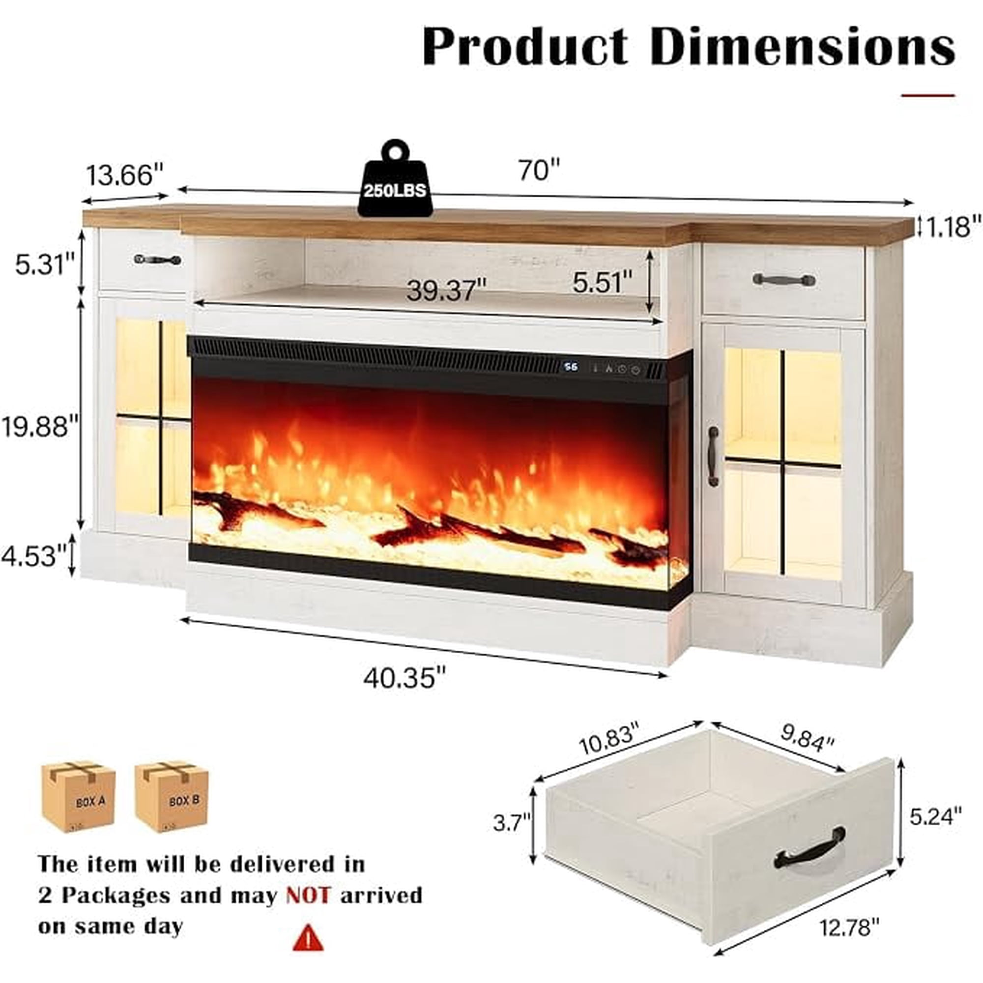 Catrimown Fireplace TV Stand for 80 Inch TV, White Farmhouse Entertainment Center with Electric Fireplace, LED Light & Glass Doors