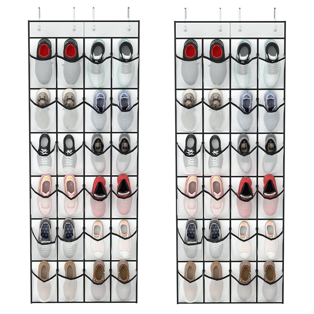 2 Pack Over the Door Shoe Organizer, 24 Mesh Pockets Shoe Storage with 4 Hooks for Closet, Kitchen, Bedroom, 63' X 19.7'
