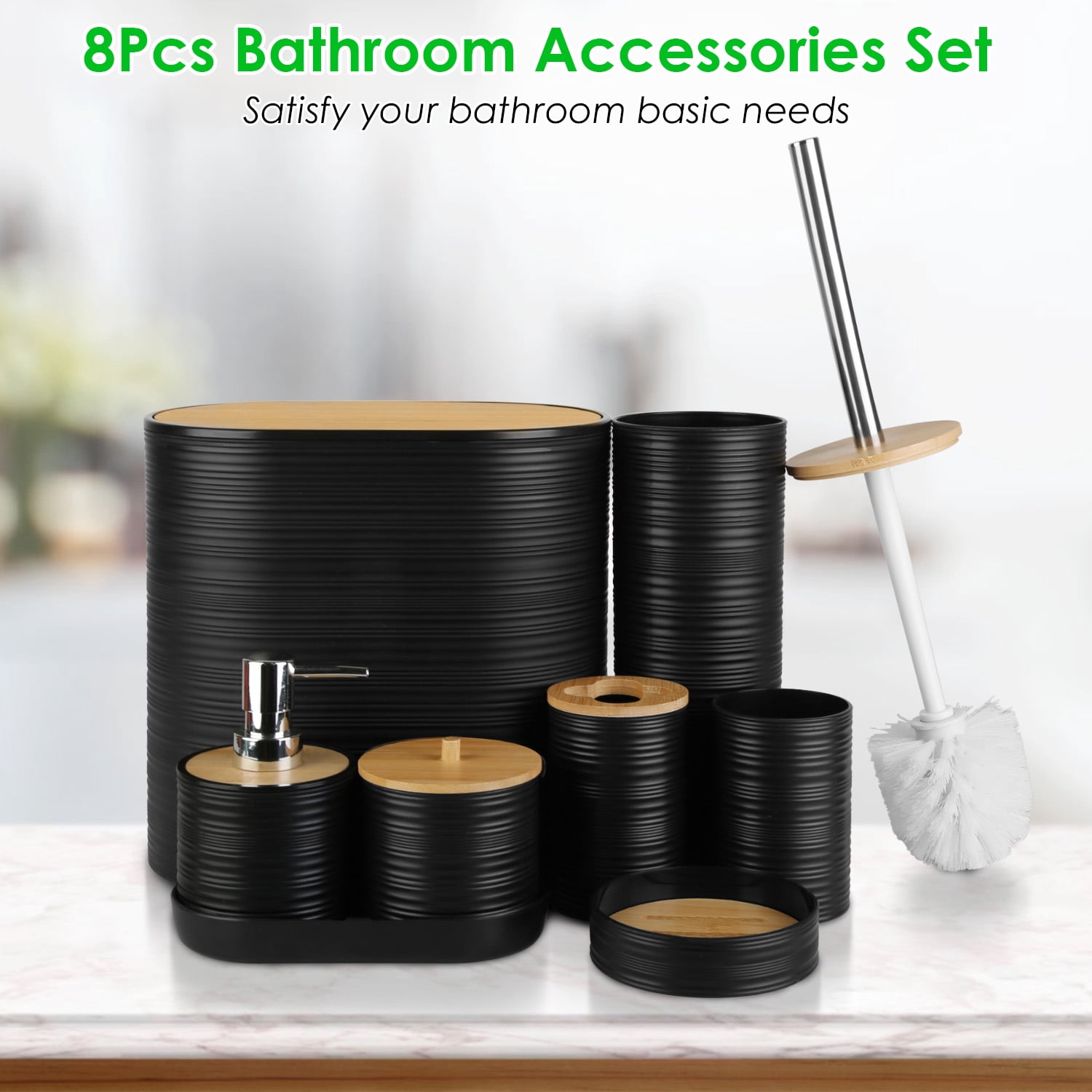 Imountek 8Pcs Bathroom Accessories Set, ABS & Bamboo Black Bathroom Decor Sets with Trash Can Toilet Brush for Home Hotel Office