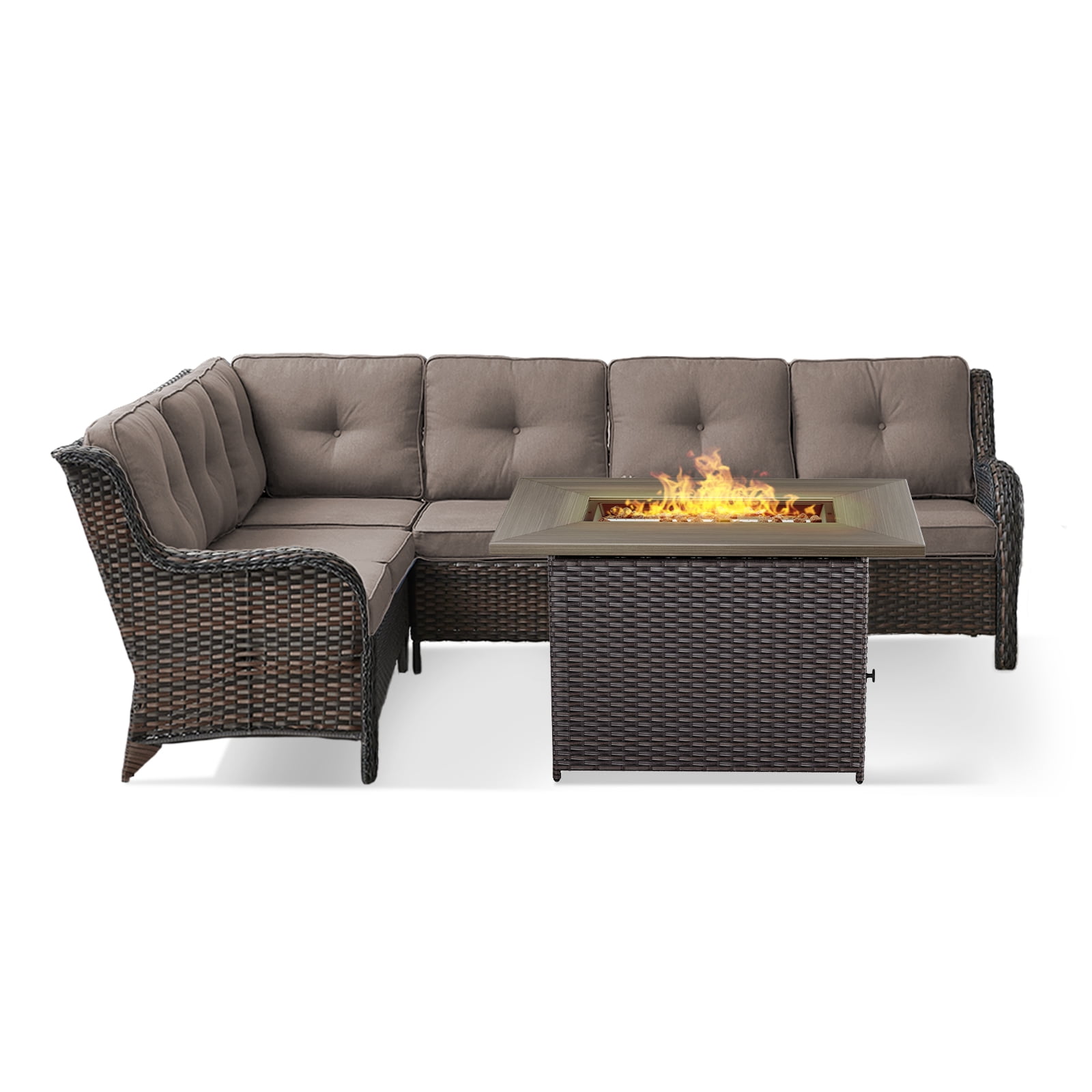 POCASSY Outdoor Sectional Sofa with Fire Pit Table - All Weather Brown Wicker Patio Furniture Set L Shaped Sectional Sofa with 41" Rectangular Propane Firepit Table - Gray Cushion
