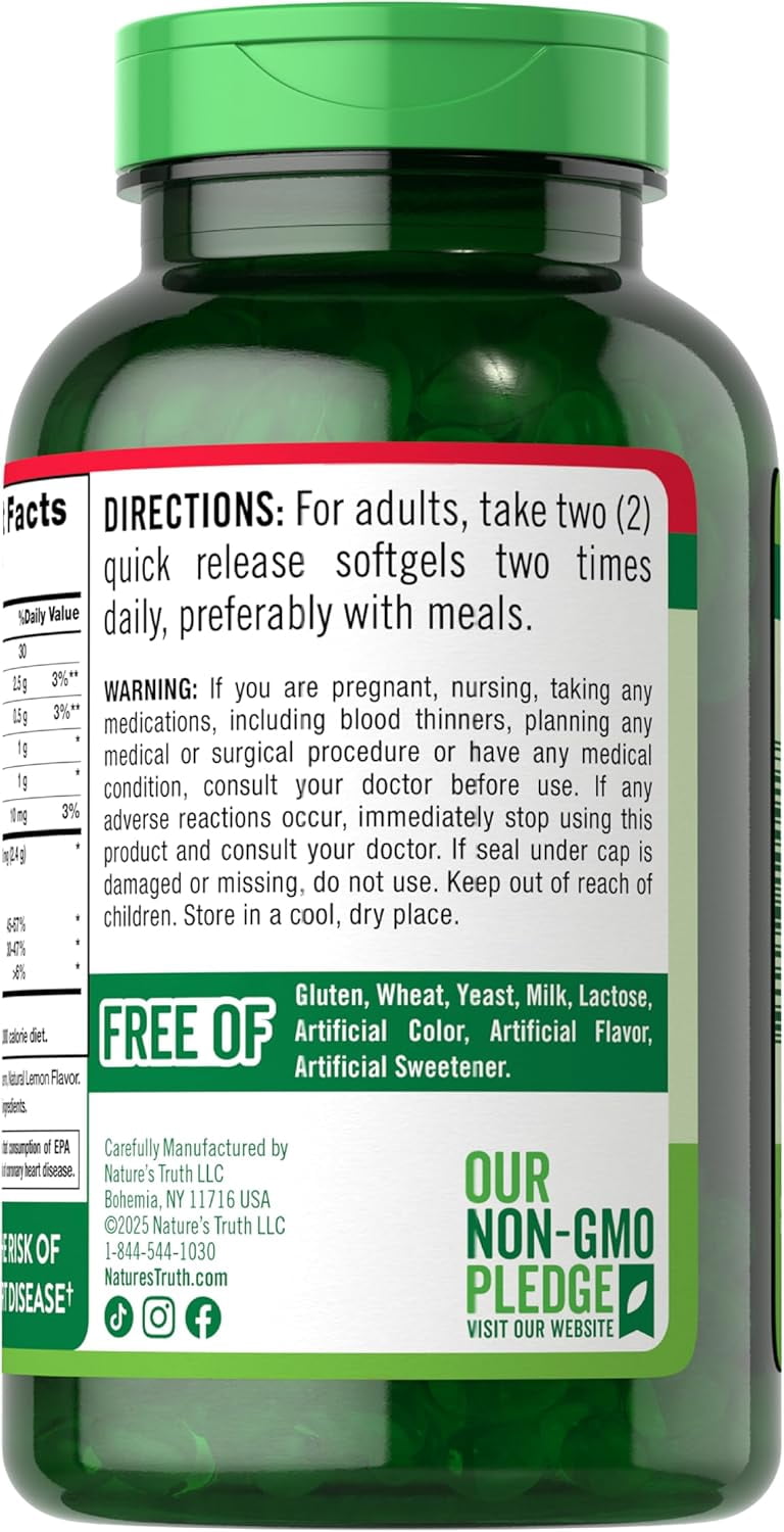 Fish Oil Omega 3 | 2400 mg | 250 Softgels  | Burpless Lemon Flavor Pills | by Nature's Truth