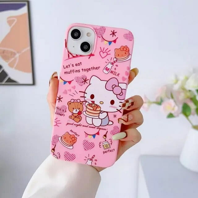 For iPhone 6 S 7 8 X Xs Max XR 11 12Mini 13 14 Pro SE Max Case Sanrio Hello Kitty Cat TPU Soft Phone Case With Holder Strap Rope wy LXY