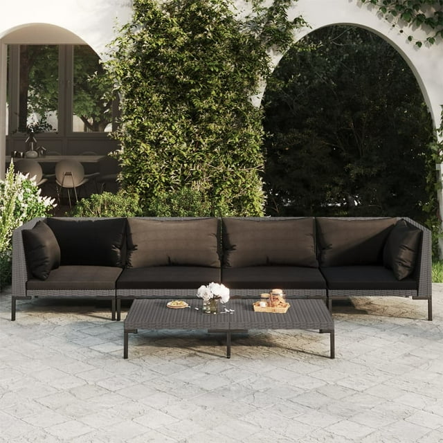 vidaXL Ensemble de Salon de Terrasse 5 Pcs avec Coussins en Rotin Poly Gris Foncé