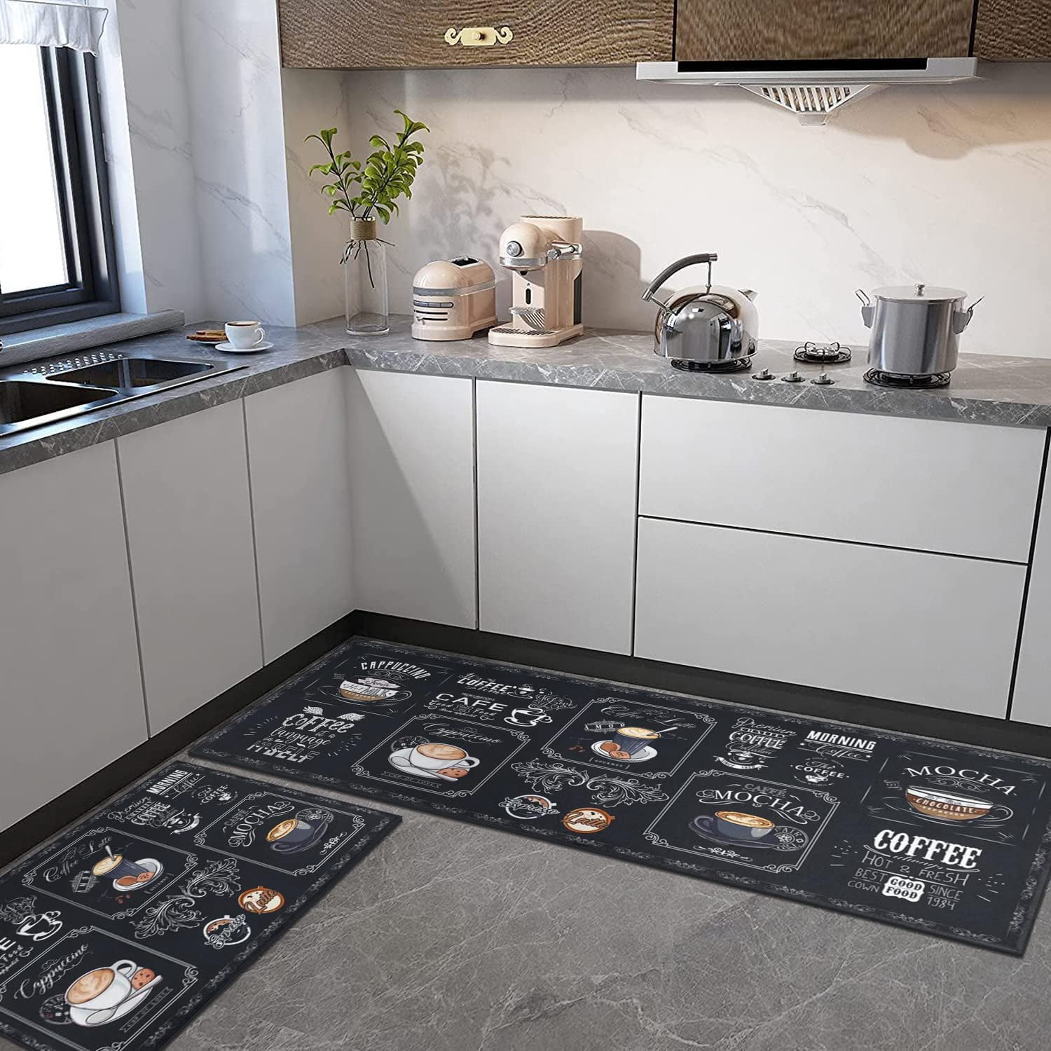 Black Coffee Theme Kitchen Rugs Set of 2,Cafe Kitchen Rugs and Mats Non Skid Washable,Black Kitchen Runner Rugs with Rubber Backing (Classical-Tea 17"x48"+17"x30")